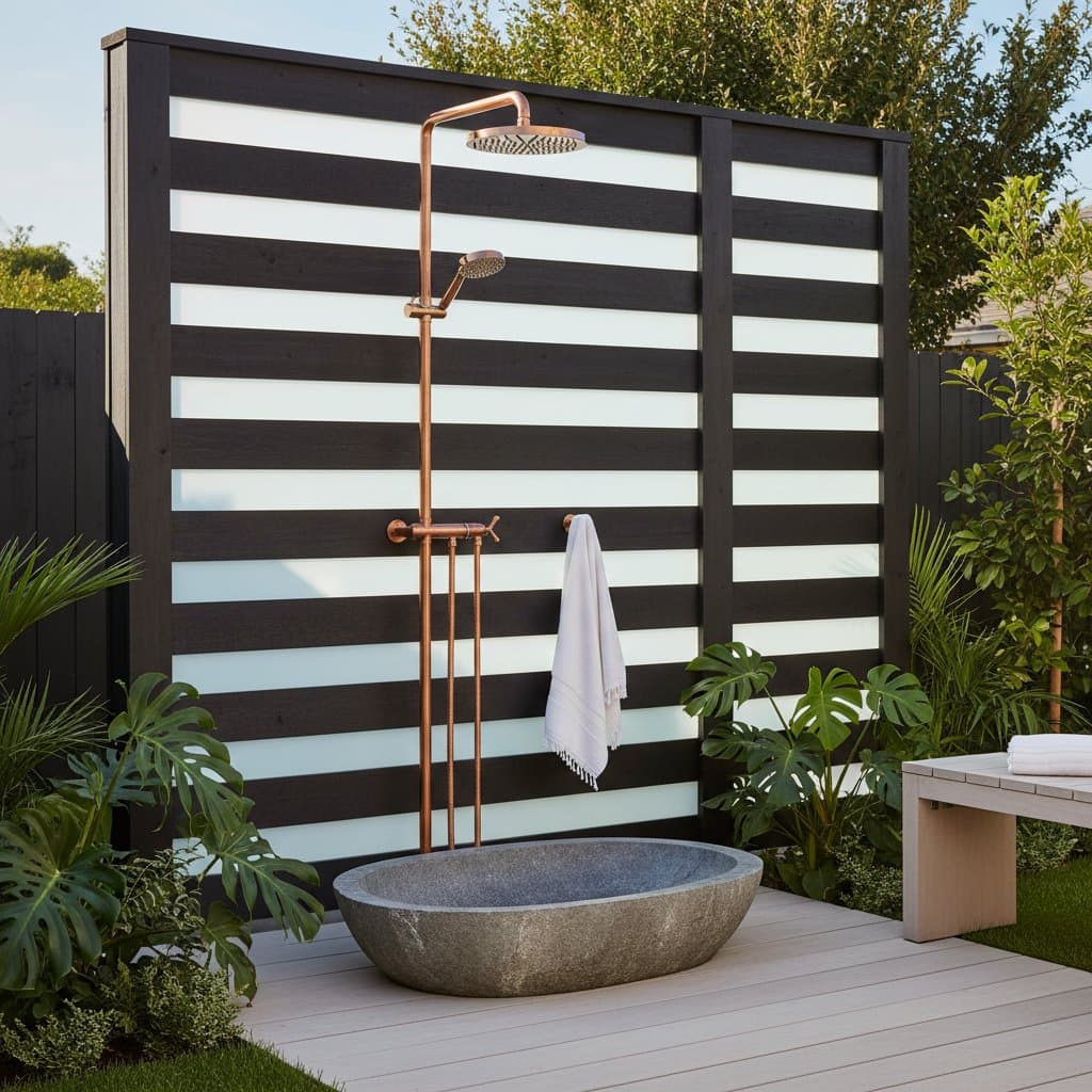 Featured image for Copper Fixtures and Privacy Walls Transform Backyard Showers