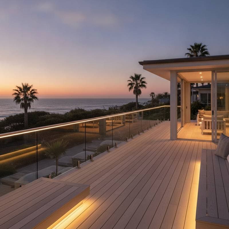 Solar Glass Railings Light Coastal Decks at Night