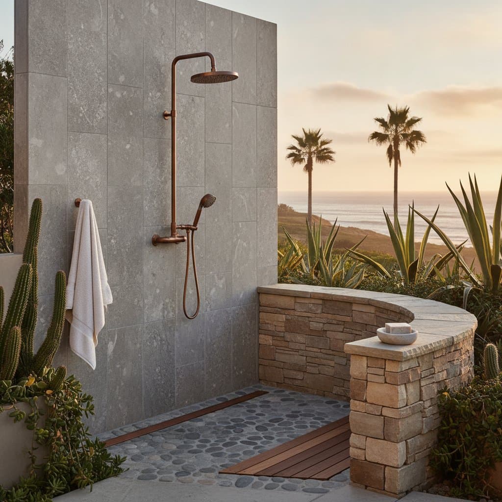 Copper and Stone Create Timeless Outdoor Shower Luxury